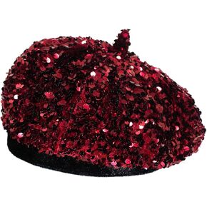 Bling Beret Hats for Women Color Paris Artist Cap Fashionable Ladies Sparkle Shining French Style Beanie Beret Deep Red