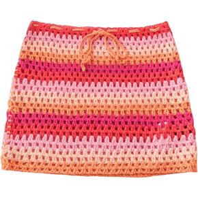 GORGLITTER Women's Crochet Knit Cover Up Skirt Color Block Drawstring Bodycon Mini Skirts