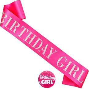Birthday Girl Sash Badge,Hot Pink Satin With Silver Glitter Letter Sash,Tinplate Badge Pin, Women's Birthday Party Decorations Supplies,16,18,21,30,40,50 or Any Other Bday Party