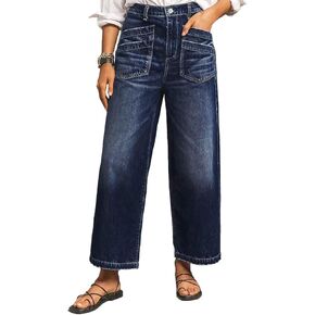Flamingals Wide Straight Leg Mid Rise Baggy Flap Pocket Raw Hem Denim Jeans