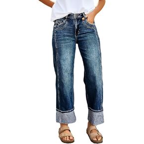 Flamingals Mid Rise Straight Leg Baggy Jeans for Women Plus Size High Stretch Roll Hem Wash Trendy Denim Jeans
