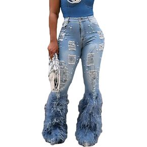 Women's Flare Ripped Pearl Jeans High Waisted Feather Bell Bottom Y2K Distressed Denim Pants Streetwear