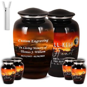 Set of 6 Funeral & Cremation Urn for Ashes Adult Male & Female with 1 Large Moonlight Decorative Urn for Human Ashes Adult Man 4 Small Keepsakes & 1 NecklaceUrn - Handcrafted in India