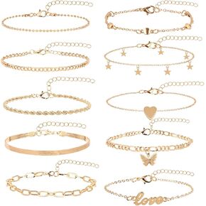 Gold Ankle Bracelets for Women, 10"+2" Extra Large Adjustable Anklets Beach Accessories Permanent Jewelry non Tarnish Free 14k Gold Plated Waterproof Jewlery Sets for Women(10pcs)