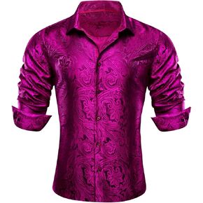 Barry.Wang Men Dress Shirts Paisley 70s Disco Shirt Button Down Silk Long Sleeve Tops for Wedding/Prom/Party/Nightclub