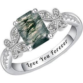 Natural Moss Agate 925 Sterling Silver Custom Green Engagement Ring - Unique Wedding Promise Jewelry for Women