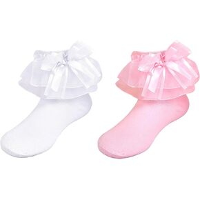 2 Pairs Girls Ruffle Frilly Socks Adorable Tutu Mini Bow Ruffled Lace Socks