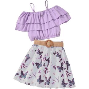 Girl's 2 Pieces Outfits Spaghetti Purple Layered Crop Top and Butterfly Print Skirt Set with Belt 7-13 Years