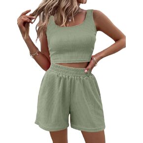 Women Two Piece Outfits Summer Sleeveless Crop Top and High Waisted Short Knit Lounge Sets 2 Piece