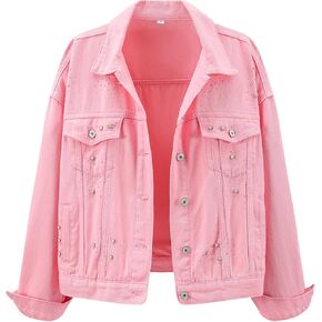 LifeShe Jean Jacket Women Rhinestone Denim Jacket Casual Sparkly Shacket Coats