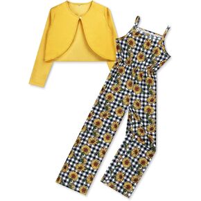 Girls Jumpsuits Cardigan 2 Piece Outfits Crew Neck Tops Floral Sunflower Romper Outfit Girl Clothes Set 5-12