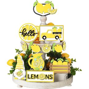 BBTO Lemon Tiered Tray Decor: 12 Pieces, Wooden Signs, Yellow, Round, Fruit Pattern, Farmhouse Style, Home & Holiday Decor, Gift