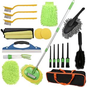 Car Wash Brush Kit - 20-in-1 Car Cleaning Tools with Long Handle, Replacement Brush Heads, Storage Bag for Truck, RV, SUV & Car Detailing