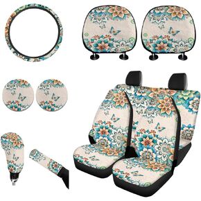Wanyint Sunflower Cow Print Print Cover Cover for Women Men مجموعة كاملة من 11 حزمة ملائمة عالميًا لمعظم شاحنات سيارات السيارة التوجيهية تغطية العجلة يدوية غطاء المقبض على أغطية مسند الرأس