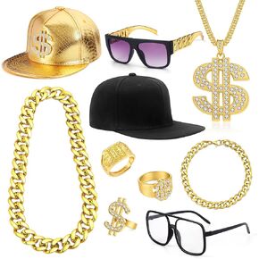 80s 90s Accessories Outfit for Men Women Hip Hop Costume Kit Old School Rapper Sunglasses Faux Gold Rope Chain Bracelet Dollar Sign Chain Ring Kanji Ring Halloween Party Decorations