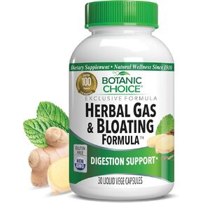Botanic Choice Herbal Gas & Bloating Formula – Natural Digestive Support with Ginger, Peppermint & Caraway – 30 Vege Capsules