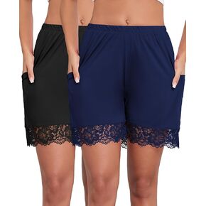 Under Dress Shorts Anti Chafing Boyshorts Women Satin Pettipants Lace Slip with Pockets 2 Packs