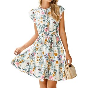 Simplee Womens Summer Dress 2025 Ruffle Short Sleeve Floral Boho Dress V Neck A-line Drawstring Mini Dress with Pockets