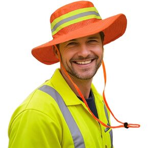 High Visibility Reflective Sun Hat Neon Safety Boonie Hat Wide Brim Mesh Bucket Cap for Men Women Summer