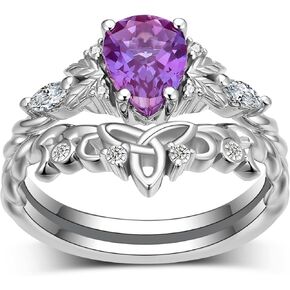 Pear-Cut Alexandrite Leaf Engagement Rings Sets for Women,925 Sterling Silver Moissanite Triangle Knot Wedding Band Sets,Bridal Ring Sets for Anniversary Birthday