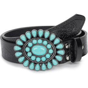 Women's Western-Turquoise-Cowboy-Belt - Vintage-Embossed-Cowgirl-Waist-Belt with Turquoise-Buckle for 28-38''waist