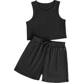 NEW 6-14Y Tween Girls Stretchy Rib Knit Outfit Rayon Tank & Shorts Set Casual Lounge Playwear