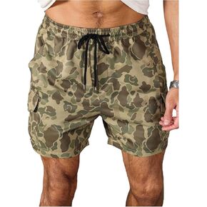 Men's Camo Cargo Track Shorts Drawstring Waist Wide Leg Workout Shorts with Pockets Streetwear