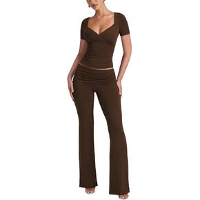 HESUUIO Workout Sets for Women 2 Piece Foldover Yoga Flare Leggings Pants Y2K Casual Matching Tracksuit Outfits