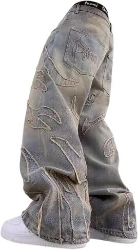 Y2K Men's Street Retro Hip-hop Flame Splicing Wide Leg Gothic Loose Jeans in Kuwait