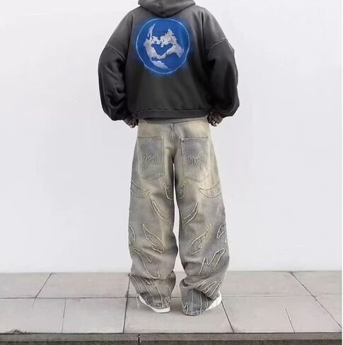Y2K Men's Street Retro Hip-hop Flame Splicing Wide Leg Gothic Loose Jeans in Kuwait
