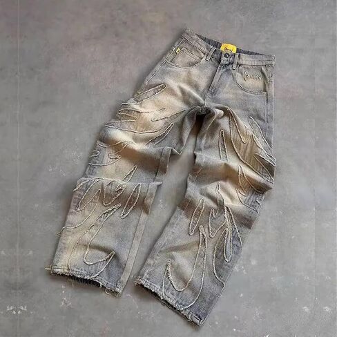 Y2K Men's Street Retro Hip-hop Flame Splicing Wide Leg Gothic Loose Jeans in Kuwait