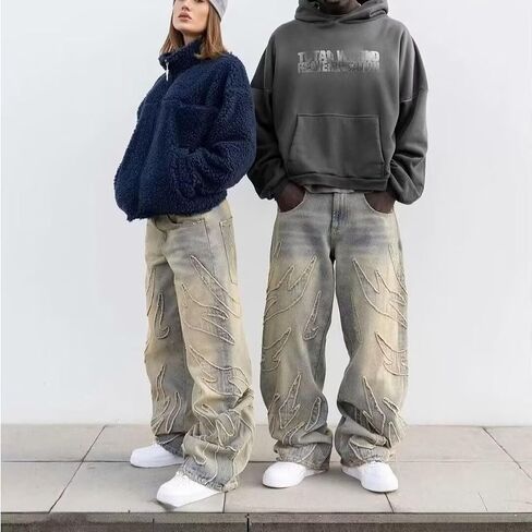 Y2K Men's Street Retro Hip-hop Flame Splicing Wide Leg Gothic Loose Jeans in Kuwait