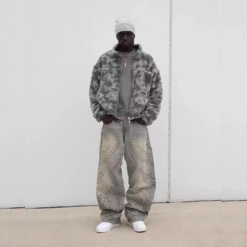 Y2K Men's Street Retro Hip-hop Flame Splicing Wide Leg Gothic Loose Jeans in Kuwait