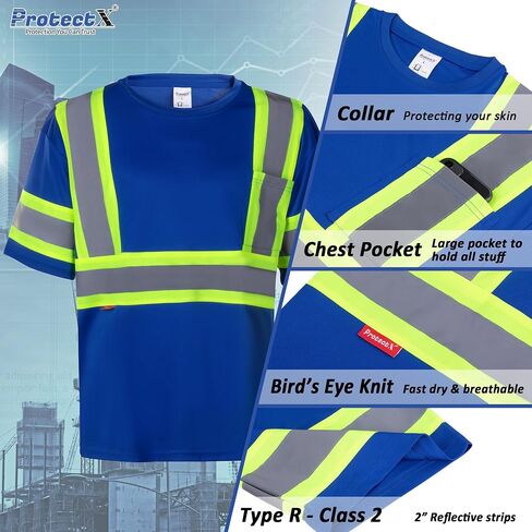 ProtectX High Visibility Short Sleeve Reflective Safety T-Shirt, Men's Heavy Duty Breathable Hi Vis Shirts, Class 2 Type R in Kuwait
