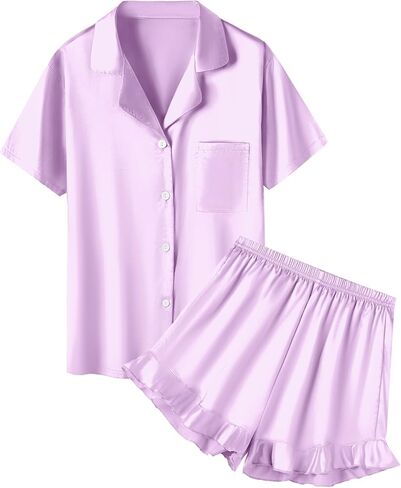 QZH.DUAO Girls Satin Pajamas Set Button Down Silk 2 Piece Pj Sets Ruffle Short Sleeve Sleepwear in Saudi Arabia