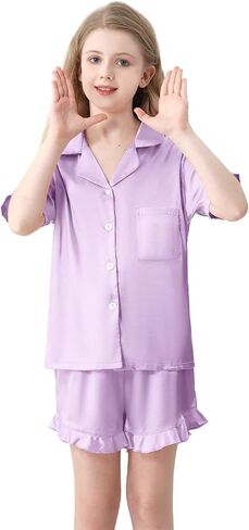 QZH.DUAO Girls Satin Pajamas Set Button Down Silk 2 Piece Pj Sets Ruffle Short Sleeve Sleepwear in Saudi Arabia