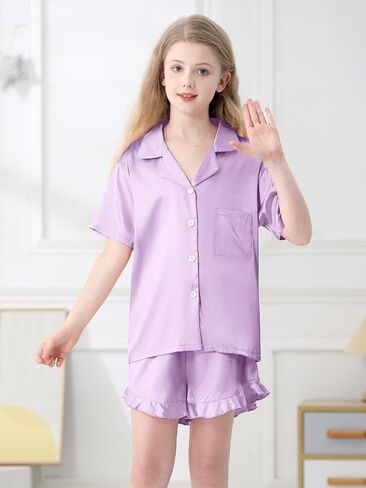 QZH.DUAO Girls Satin Pajamas Set Button Down Silk 2 Piece Pj Sets Ruffle Short Sleeve Sleepwear in Saudi Arabia