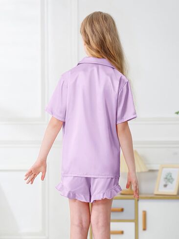 QZH.DUAO Girls Satin Pajamas Set Button Down Silk 2 Piece Pj Sets Ruffle Short Sleeve Sleepwear in Saudi Arabia