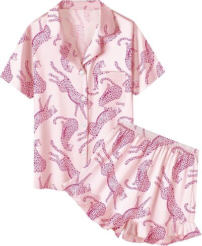 QZH.DUAO Girls Satin Pajamas Set Button Down Silk 2 Piece Pj Sets Ruffle Short Sleeve Sleepwear in Saudi Arabia