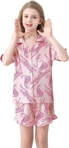 QZH.DUAO Girls Satin Pajamas Set Button Down Silk 2 Piece Pj Sets Ruffle Short Sleeve Sleepwear in Saudi Arabia
