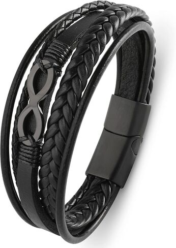 Mens Cuff Infinity Bracelet - Stainless Steel Genuine Leather Bracelets for Men - Multilayer Row Punk Jewelry in Kuwait