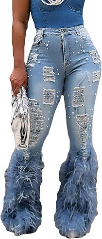Women's Flare Ripped Pearl Jeans High Waisted Feather Bell Bottom Y2K Distressed Denim Pants Streetwear in Kuwait