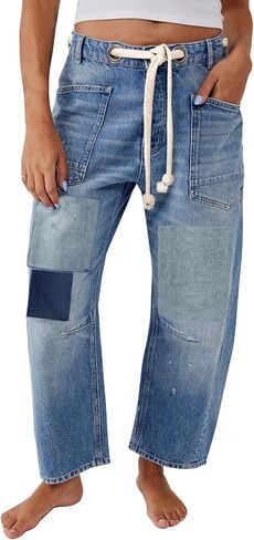 Kedera Womens Barrel Barrel Horseshoe Jeans Wide Leg patchwork Low Rise Rishing Dener Pants مع جيوب in Kuwait