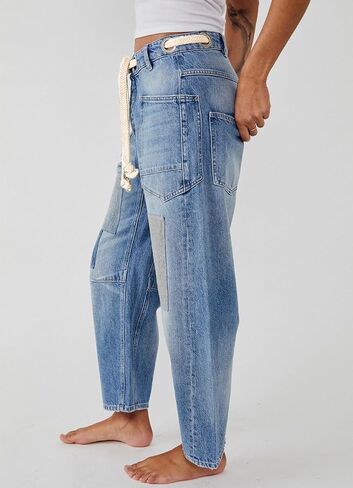 Kedera Womens Barrel Barrel Horseshoe Jeans Wide Leg patchwork Low Rise Rishing Dener Pants مع جيوب in Kuwait