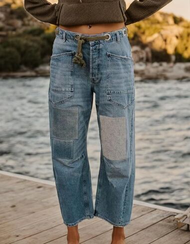 Kedera Womens Barrel Barrel Horseshoe Jeans Wide Leg patchwork Low Rise Rishing Dener Pants مع جيوب in Kuwait