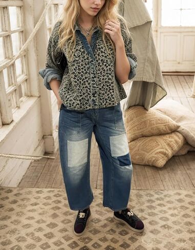 Kedera Womens Barrel Barrel Horseshoe Jeans Wide Leg patchwork Low Rise Rishing Dener Pants مع جيوب in Kuwait