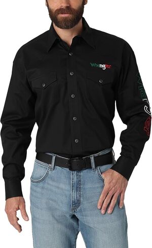 Wrangler Men's Mexico Logo Snap Western Shirt Black Small in Saudi Arabia