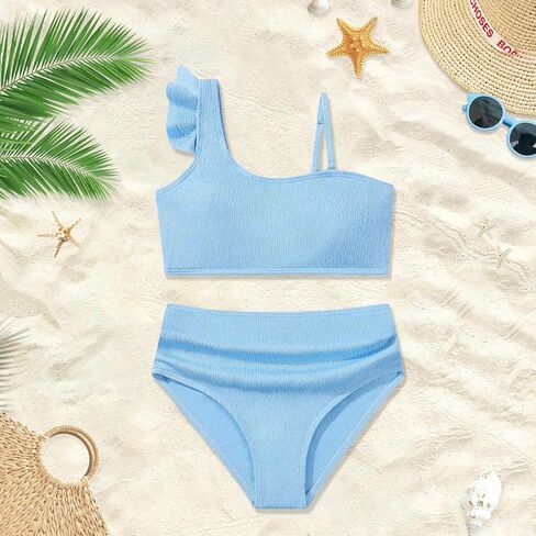 Girls Swimsuits Bathing Suits 2 Piece Bikini Set Kids Ruffled Solid Color Adjustable Strap Girls' Swimwear 7-14T in Saudi Arabia