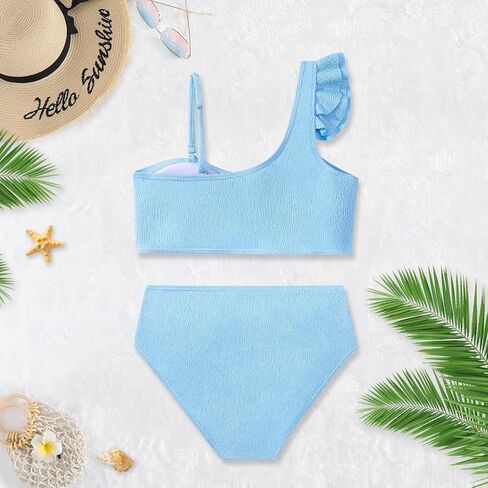 Girls Swimsuits Bathing Suits 2 Piece Bikini Set Kids Ruffled Solid Color Adjustable Strap Girls' Swimwear 7-14T in Saudi Arabia