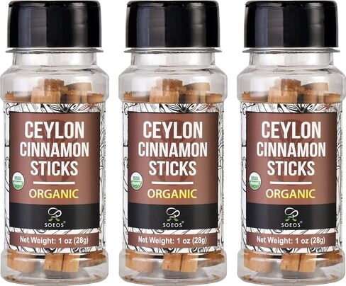 Soeos Ceylon Cinnamon Sticks 1 oz (28g) Pack of 3, Organic Cinnamon Sticks, Real Cinnamon farmed in Sri Lanka, Non-GMO, Cinnamon for Coffee, Baking, Cooking and Beverages in Saudi Arabia